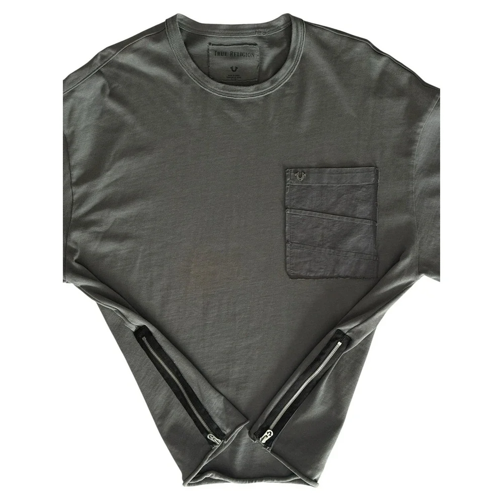 True Religion Men Varsity Tee Pullover Taupe XL Pocket‎ Side Zip Logo Streetwear